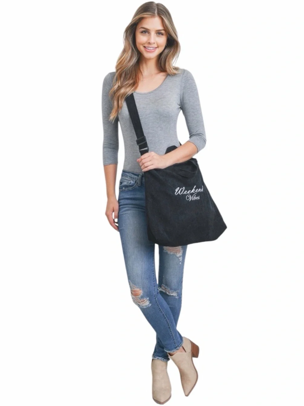 Corduroy Black Crossbody/Messenger Bag With “Weekend Vibes” Embroidered On Front